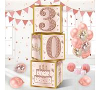 Guiruiy 3Pcs 30th Birthday Decorations Boxes for Women, Pink Rose Gold 30th Birthday Balloons Boxes Party Supplies, Pink Thirty Year Old Bday Theme Cardboard Box Decor
