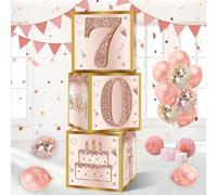 Guiruiy 3Pcs 70th Birthday Decorations Boxes for Women, Pink Rose Gold 70th Birthday Balloons Boxes Party Supplies, Pink Seventy Year Old Birthday Theme Cardboard Box Decor