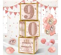 Guiruiy 3Pcs 90th Birthday Decorations Boxes for Women, Pink Rose Gold 90th Birthday Balloons Boxes Party Supplies, Pink Ninety Year Old Birthday Theme Cardboard Box Decor