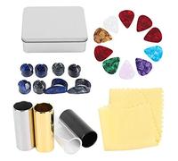 Guitar Accessories Kit, Guitar Slider Set with Metal and Glass Slides, Celluloid Picks and Finger Cots, Includes Iron Storage Box for Guitarists and Blues Players
