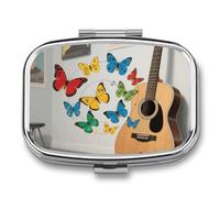 Guitar and Butterfly Pill Box - 2 Compartment Travel Pill Organizer with Small Mirror, Portable Pillcase for Pocket & Purse, Cute Square Medicine Case, Weekly Medicine Container