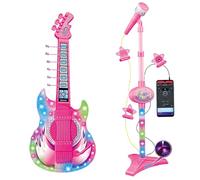 Guitar and Microphone for Kids, Toy Guitar with Music & Light, Adjustable Height 2 in 1 Kids Microphone with Stand, Learning Toy Instruments for Ages 5-9 Electric