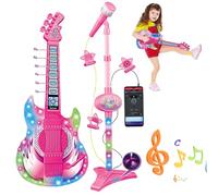 Guitar and Microphone for Kids, Toy Guitar with Music & Light, Adjustable Height 2 in 1 Kids Microphone with Stand, Learning Toy Instruments| for Ages 5-9