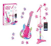 Guitar and Microphone Play Set for Kids, Karaoke Machine Musical Instruments Toy with Music & Colorful Light, Microphone Toys with Stand, Adjustable Height Guitar Toys for Kids, Toddlers, Child
