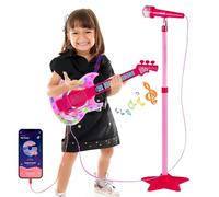 Guitar and Microphone Set for Girls, Karaoke Machine with Music and Light, Microphone Toy with Stand, Height Adjustable Guitar Toy for Children, Toddlers (Red)