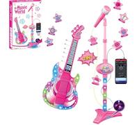 Guitar and Microphone Set for Kids,Guitar Toys with Music&Colorful Light,Adjustable Height Microphone with Stand,Karaoke Machine Musical Instruments Toy Electric Guitar with Microphone (Pink)