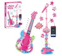 Guitar and Microphone Set for Kids,Guitar Toys with Music&Colorful Light,Adjustable Height Microphone with Stand,Karaoke Machine Musical Instruments Toy (Pink)