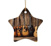 Guitar Bass Music Musical Instruments -Print Ceramic Star Shaped Pendants - Handmade Porcelain Ornaments Gold String For Christmas Home Decor.