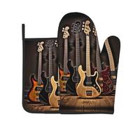 Guitar Bass Music Musical Instruments Print Oven Mitts And Pot Holders Sets Women Men Home Cooking Baking Microwave Bbq Gift