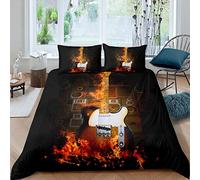 Guitar Bedding Set Rock Music Themed Comforter Cover for Kids Boys Girls Teens Fire Musical Pattern Duvet Cover Sound Speaker Bedspread Cover Electric Guitar Room Decor 3Pcs Quilt Cover Double Size