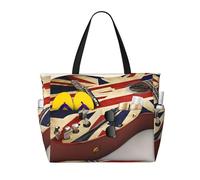 Guitar British Flag Print Large Capacity Beach Travel Bag, Waterproof Beach Tote Bag with Zip and Pocket, Tote Bags for Traveling, Shopping, Pool