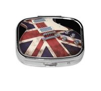 Guitar British Flag Print Pill Box Square Pill Case 2 Compartment Small Metal Medicine Organizer Portable Travel Pillbox for Pocket Purse Cute Mini Pill Container to Hold Daily Vitamins