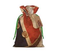 Guitar British Flag Printed Christmas Drawstring Bags with Green Christmas Ribbon - Reusable Burlap Drawstring Gift Pouches, S