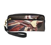 Guitar British Flag Printed Makeup Bag for Women Travel PU Leather Cosmetic Bag with Wristlet Toiletry Bag