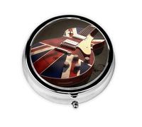 Guitar British Flag Round Pill Box - Full Print Design, Metal Electroplated Compact Medicine Case for Travel, Fits Pockets & Wallets