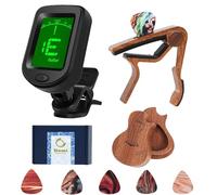 Guitar Capo and Clip-On Tuner Set with 6 Picks & Holder, All-in-One Chromatic Tuner for Guitar, Bass, Ukulele, Violin - Ideal Gift (Rosewood)