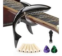 Guitar Capo for 6-String Acoustic & Electric Guitar, Shark Capo No Fret Buzz Comfortable Grip Zinc Alloy with 6 Bridge Pins 2 Plectrums and 1 Bridge Pin Puller for Thanksgiving Gifts (Black)