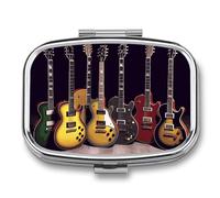 Guitar Collection Pill Box 2 Compartment, Portable Pill Case with Mirror for Pocket Purse Travel, Mini Metal Medicine Organizer for Vitamins Fish Oil