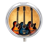Guitar Collection Pill Box 3 Compartment Small Pill Case with Mirror for Purse & Pocket Travel Medicine Organizer Daily Medication Container Portable Pillbox Metal Medicine Box Round Meds Case