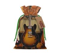 (Guitar Collection) Printed Christmas M Size Gift Bags with Green Ribbon Drawstring Candy Bags for Kids Xmas Holiday Christmas Eve Presents