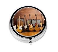 Guitar Collection Round Pill Box - Full Print Design, Metal Electroplated Compact Medicine Case for Travel, Fits Pockets & Wallets