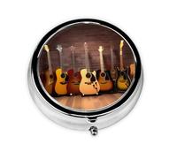 Guitar Collection Round Pill Box - Full Print Design, Metal Electroplated Compact Medicine Case for Travel, Fits Pockets & Wallets