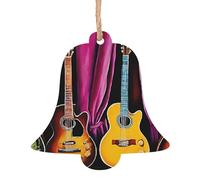 (Guitar Collection) Wooden Christmas Ornaments Set Bell Shape Holiday Hanging Decorations for Xmas Tree Gift Wrapping, 6 PCS