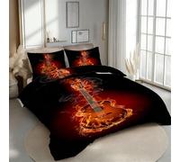 Guitar Duvet Cover Set Double Size Music Fire 3D Print Bedding Quilt Cover Set Soft Microfiber Comforter Cover 3 Pieces with Zipper Closure + 2 Pillowcases Bedroom Decor 1R466