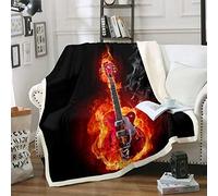 Guitar Fleece Blanket Rock Music Themed Warm Plush Blanket for Sofa Couch Red Musical Pattern Sherpa Throw Blanket Burning Electric Guitar Instruments Fuzzy Blanket Bedroom Decor Single 50"x60"