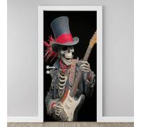 Guitar Music Band Skeleton Door Mural, Rock Musician Skull Murals Stickers 90x200 cm, Gothic Halloween 3D Door Stickers Vinyl Self-Adhesive Peel and Stick Bedroom Living Room Door Decoration A5j98