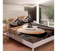 Guitar Music Fitted Sheet Super King Size Retro 3D Fitted Sheets Deep Pocket 12 inch 30 cm Bottom Sheet Ultra Soft Microfibre Bedding Set with 2 Pillowcases a/413