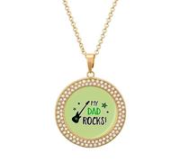 Guitar My Dad Rocks Fashion Necklace Chain Round Graphic Pendant with Diamond Jewellery Golden-style