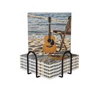Guitar on The Beach Coasters for Drinks,Absorbent Ceramic Coasters Set of 6 with Cork Base,Funny Cup Beverage Coaster with Holder Drink Coaster Cup Mat Pad for Tabletop Protection