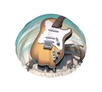 Guitar on The Beach Shower Caps for Women Reusable Waterproof Shower Bonnet Large Elastic Bath Caps DoubleBathing Hair Caps Designed for all Hair Lengths with PEVA Lining
