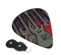 Guitar pattern Guitar Picks 6 Pack with Leather Guitar Pick Holder Keychain, Plectrum Key Fob Cases Bag, Abstract Art Plectrum for Acoustic Electric Guitar, Ukulele 0.71mm