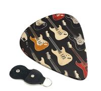 Guitar pattern Printed Guitar Picks, 6 Pack with Leather Keychain Pick Holder - 0.46mm, 0.71mm, 0.96mm Assorted Thickness for Acoustic Ukulele, Electric Guitar, Acoustic Guitar, Bass