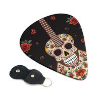 Guitar Pepper Sugar Skull Guitar Picks 6 Pcs, 0.71mm Thickness Celluloid Plectrum with Leather Picks Holder, Personalized Guitar Pick for Bass Electric Acoustic Guitars Lovers Gift