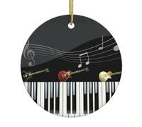 Guitar Piano Pattern Christmas Ceramic Ornament,Double-Sided Printed Round Bauble With Gold String,Unique Dual-Face Design For Xmas Tree Home Festive Decor