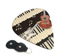 Guitar Piano Pattern Printed Guitar Picks, 6 Pack with Leather Keychain Pick Holder - 0.46mm, 0.71mm, 0.96mm Assorted Thickness for Acoustic Ukulele, Electric Guitar, Acoustic Guitar, Bass