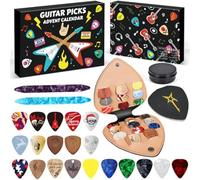 Guitar Pick Advent Calendar 2025, Featuring 24 Assorted Thickness Celluloid And Wooden Picks For Guitar And Oud, Includes PU Leather Stand And Tin Box Holder