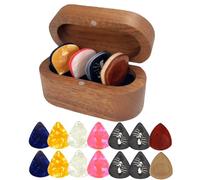 Guitar Pick Holders with 12 Celluloid Picks and 2 Wood Picks (4 Thicknesses) Walnut Guitar Pick Storage Case, Mini Jewelry Storages Box Gift for Guitar Players Guitarists (Ebony Wood Box + Pick)