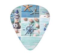 Guitar Picks 12 Pack Seashells On Wooden Planks Lighthouse Printed Thin Medium Heavy Plectrums