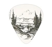 Guitar Picks 12 Pack Universal ABS Guitar Picks,Hand Drawn Landscape Sketch Trees and Mountains Wild Quiet Nature,for Acoustic and Electric Guitar,Charcoal Grey Sepia Ivory