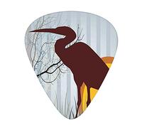 Guitar Picks 12 Pack Universal ABS Guitar Picks,Heron Silhouette Standing on Tall Grass with Circles and Vertical Stripes Background,for Acoustic and Electric Guitar