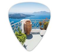 Guitar Picks 12 Pack Universal ABS Guitar Picks,Santorini Island Greece Aegean Sea Trees Flowers Clear Sky Photo Printfor Acoustic and Electric Guitar