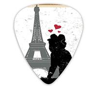 Guitar Picks 12 Pack Universal ABS Guitar Picks,Silhouette Of A Kissing Couple And Hearts With Eiffel Tower Icon Grunge Effectfor Acoustic and Electric Guitar
