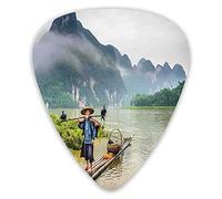Guitar Picks 12 Pack Universal ABS Guitar Picks,Traditional Chinese Fisherman With Birds And Basket On River Fog Mountains Treesfor Acoustic and Electric Guitar