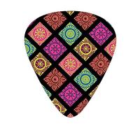 Guitar Picks 12 Pack Universal ABS Guitar PicksFlower Mandala Tiles in Lively Coloreds Hand-Drawn Style on Black Backgroundfor Acoustic and Electric Guitar