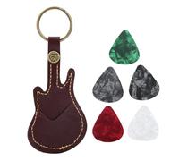 Guitar Picks, 5 PCS Portable Leather Brass Pick Bag Sleeve Holder Small Holder Pickup Container with Brass Keychain Clip for Acoustic Electric Guitar (Brown)