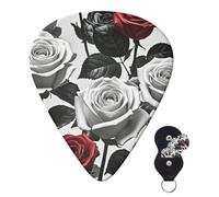Guitar Picks 6 Pcs 3 Different Thickness Personalized Guitar Plectrums With Storage Box Black White And Red Roses Guitar Picks Medium Thin Guitar Accessories (0.46mm, 0.71mm, 0.96mm)